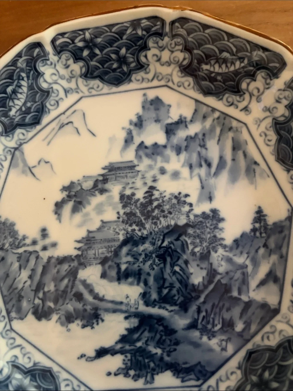 Blue and White Scenic Porcelain Serving  plate Mokusen shallow bowl
